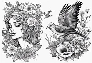 Elf carrying her dead bird in a flower medow tattoo idea