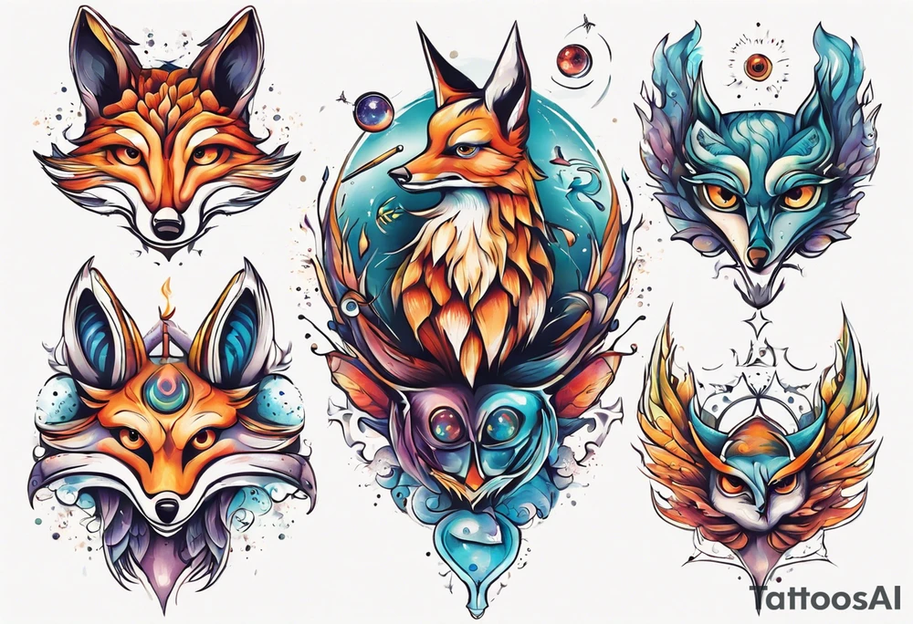 fisch, fuchs und eule , symetrie universum, bunt tattoo idea