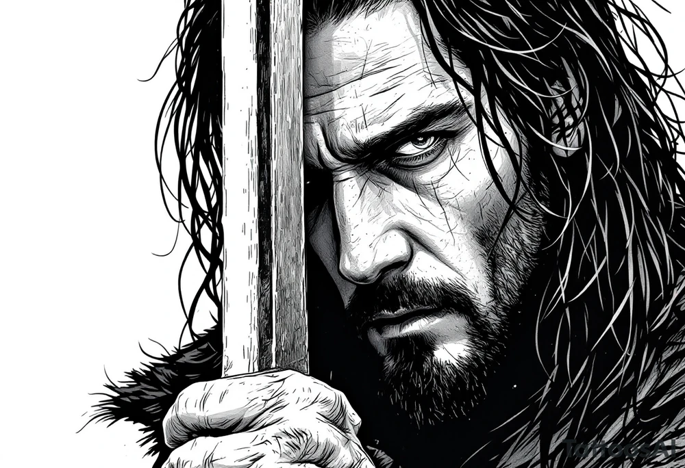 aragorn holding a sword against his face tattoo idea