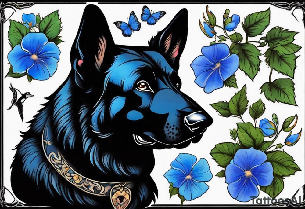 Black German shepherd portrait brightly colored with blue morning glories tattoo idea
