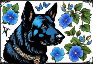 Black German shepherd portrait brightly colored with blue morning glories tattoo idea