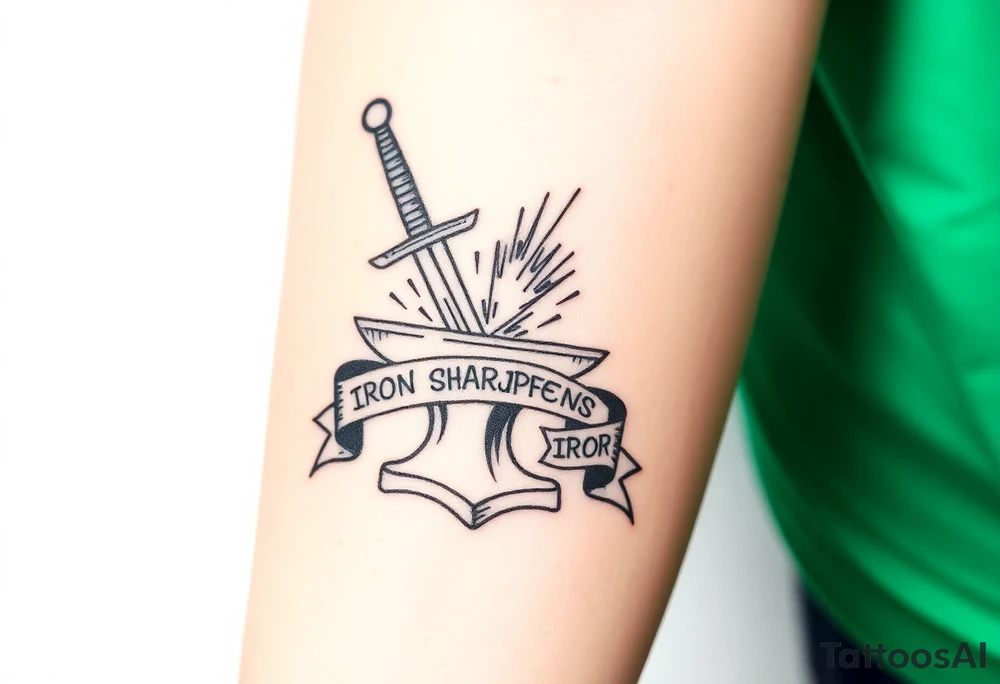 Black ink tattoo sketch of a sword striking an anvil with sparks flying. Banner wrapped around the sword reading “Iron Sharpens Iron.” Forearm tattoo design, bold outlines, no color, hand-drawn sketch style. tattoo idea