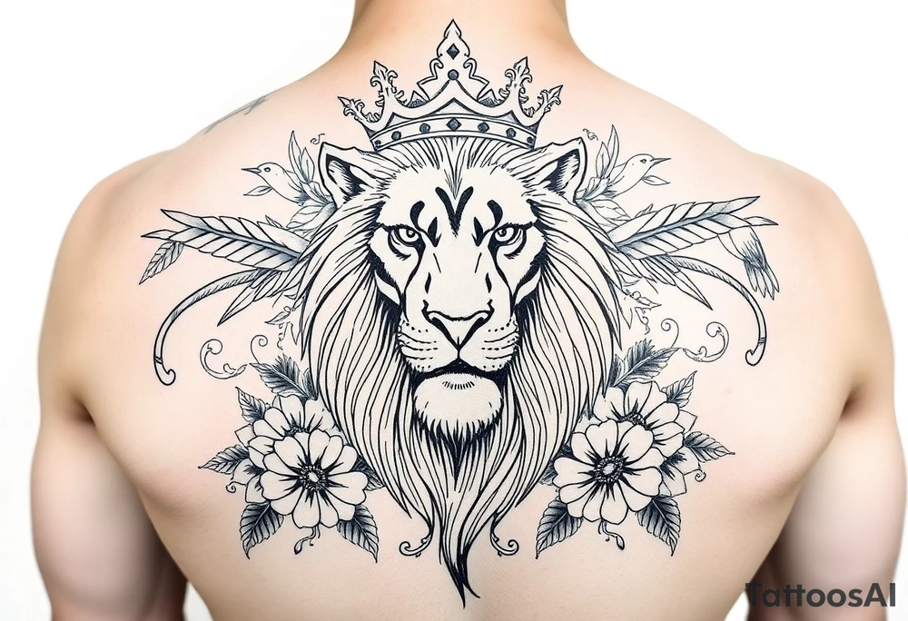 powerful majestic lion with a crown, surrounded by floral ornaments and birds tattoo idea
