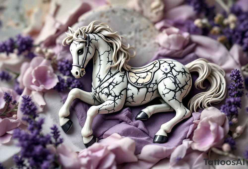 Tim Burton’s broken carousel horse rests in a bed of wilted lavender and cracked bone-white porcelain. tattoo idea
