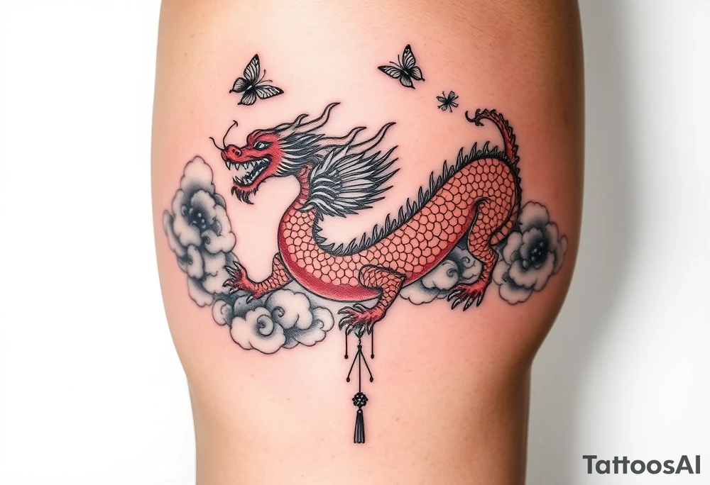 Red Chinese dragon thigh tattoo surrounded by clouds and butterflies.. make it cohesive tattoo idea