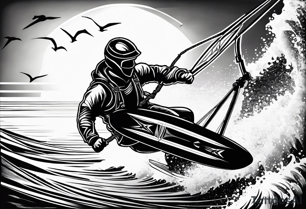 I want a very thin tattoo of a kitesurfer with a heart-shaped sail inflated by the wind. tattoo idea