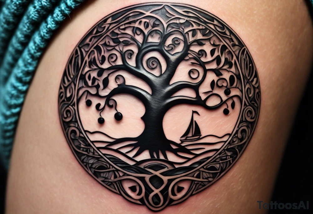 A tattoo design that incorporates the following elements: an abstract tree of life that has roots emerging  from the ground. Waves of water wrap around the tree in a non symmetrical design.  Incorporate musical notes into the tree. the letters U and A are overlapping and engraved into the tree. A golf flag incorporated but not prominent tattoo idea