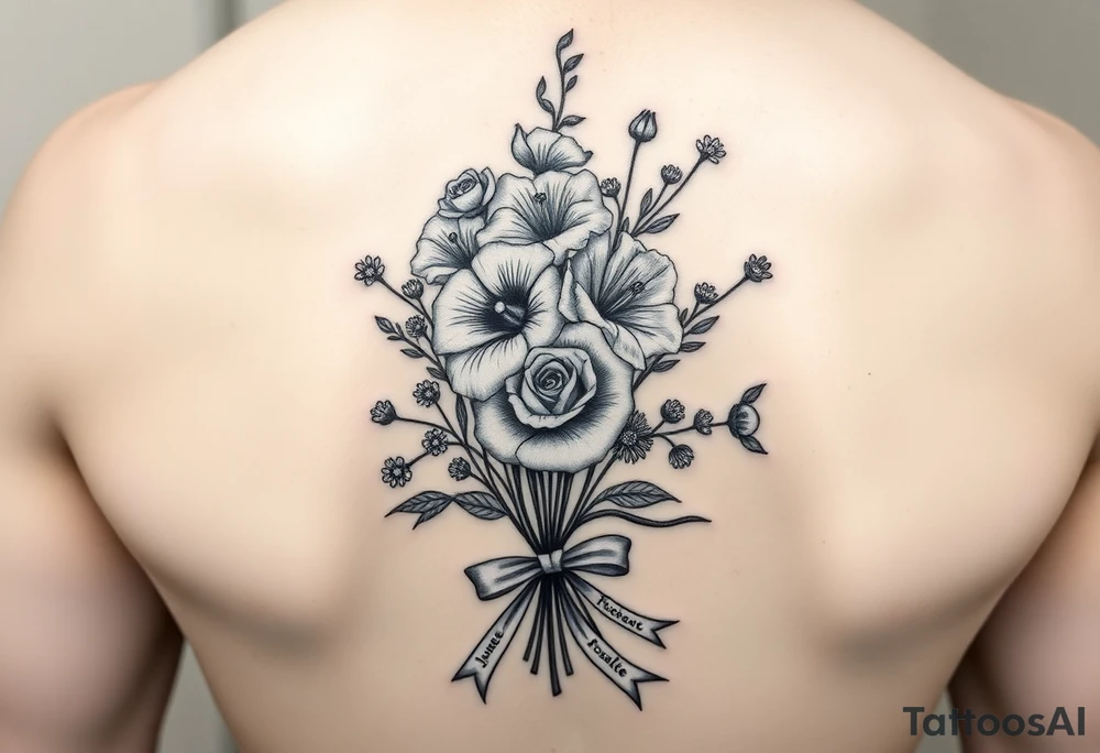 black and white tattoo with a bouquet of hollyhocks, one wild rose, and two wild flowers. Put a full realistic stethoscope along side seperately from the bouquet not touching it. Include three names among the flowers: June Etta Roxy Rosalie. make the bouquet have a ribbon bow towards the bottom holding the flowers like they had just been picked from the garden tattoo idea