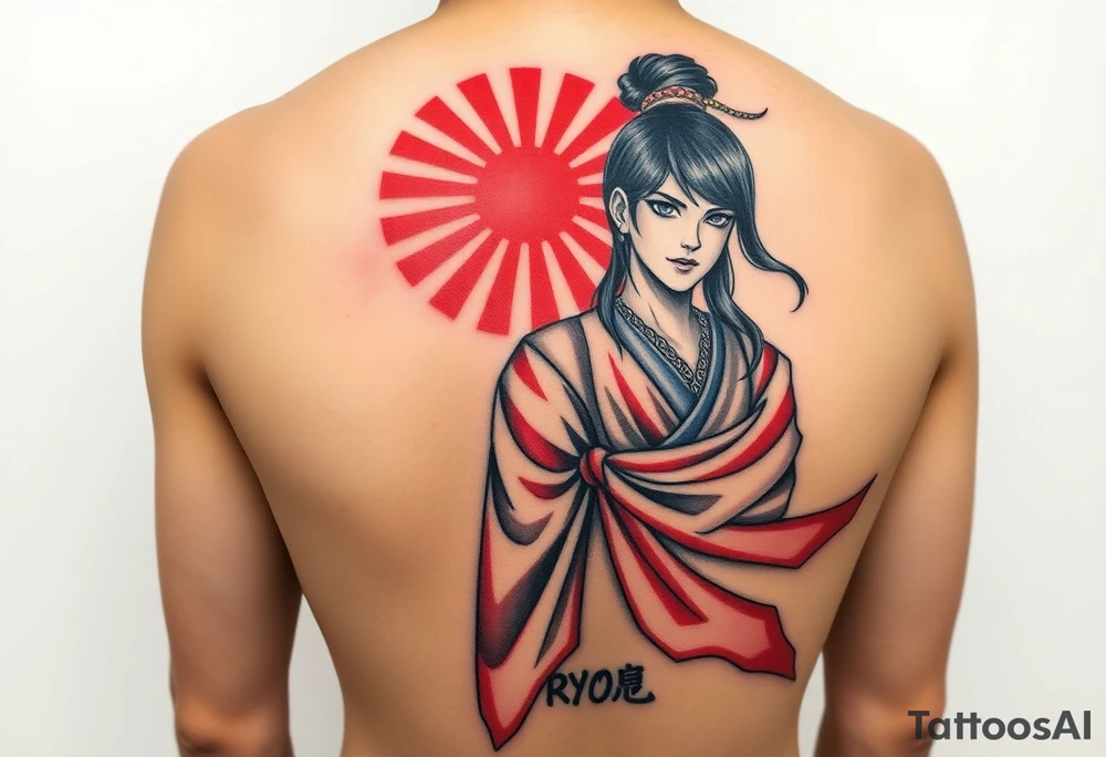 ryo hazuki together with shenhua ling from shenmue video game with ancient raising sun japanese flag, identic look, style and clothes as in video game, text: シェンム, contrast colors, forearm and mid size tattoo idea