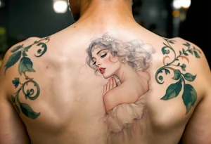 Alfons Mucha’s timeless beauty in a pearl-white gown, framed by sage green swirls and delicate rose gold detailing. tattoo idea