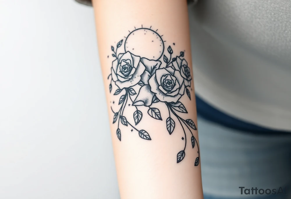 Roses wild flower vines with moon and stars mountains wrap around arm forest tattoo idea