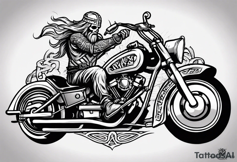 Create a tattoo design of my company called “Viking Customs” i want the name in the tattoo with a skeleton riding a motorcycle tattoo idea