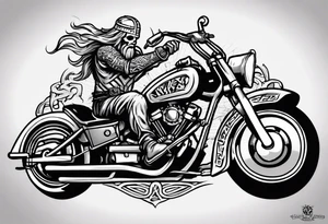 Create a tattoo design of my company called “Viking Customs” i want the name in the tattoo with a skeleton riding a motorcycle tattoo idea