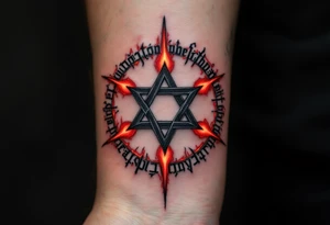 A blackened inverted pentagram with deep crimson flames, surrounded by ancient runes glowing in dark red. tattoo idea