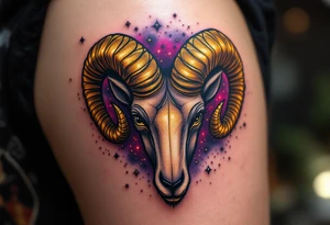 A constellation of Aries forms above a golden ram’s horn, surrounded by cosmic dust in vibrant magenta and copper. tattoo idea