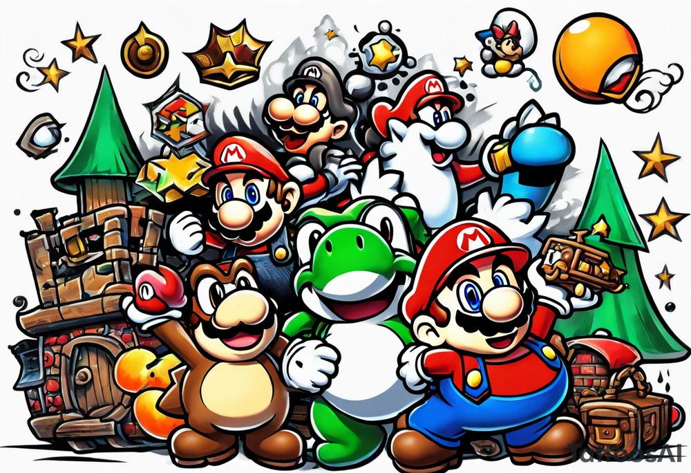 Mario ghosts and goombas with canons tattoo idea