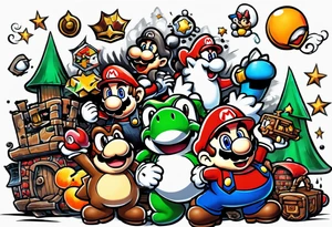 Mario ghosts and goombas with canons tattoo idea
