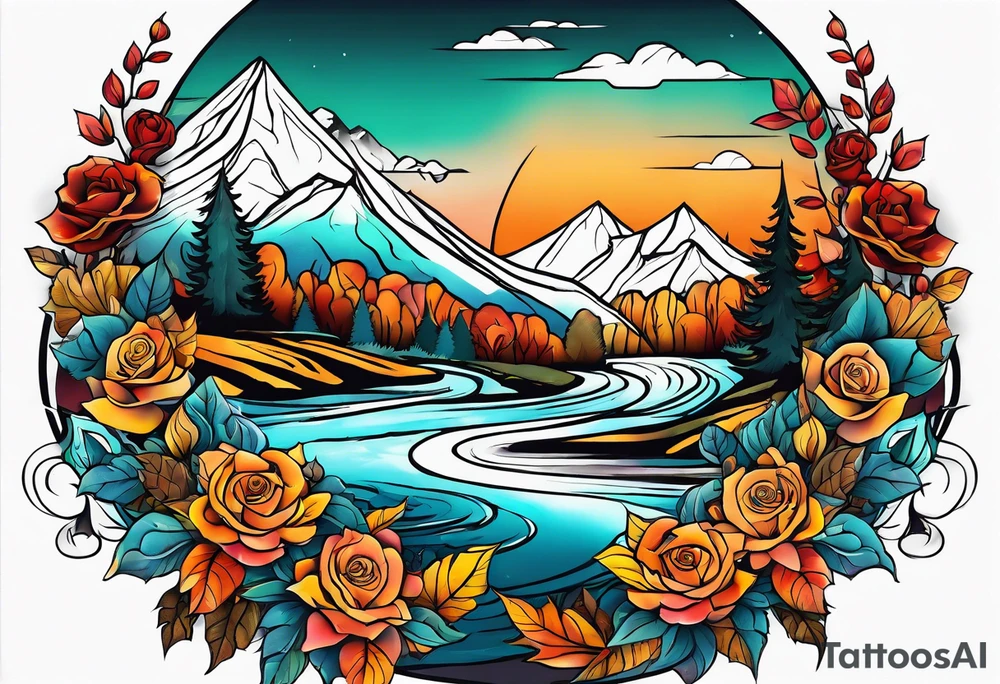 thigh tattoo with fall colors showing leaves, flowers, roses, water flow, mountains and sky tattoo idea
