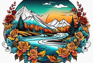 thigh tattoo with fall colors showing leaves, flowers, roses, water flow, mountains and sky tattoo idea