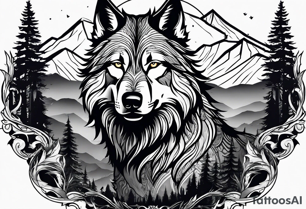 Halbes Gesicht eines Wolfes
Im Hintergrund Wald und Berge
Fenrir tattoo idea