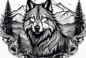 Halbes Gesicht eines Wolfes
Im Hintergrund Wald und Berge
Fenrir tattoo idea