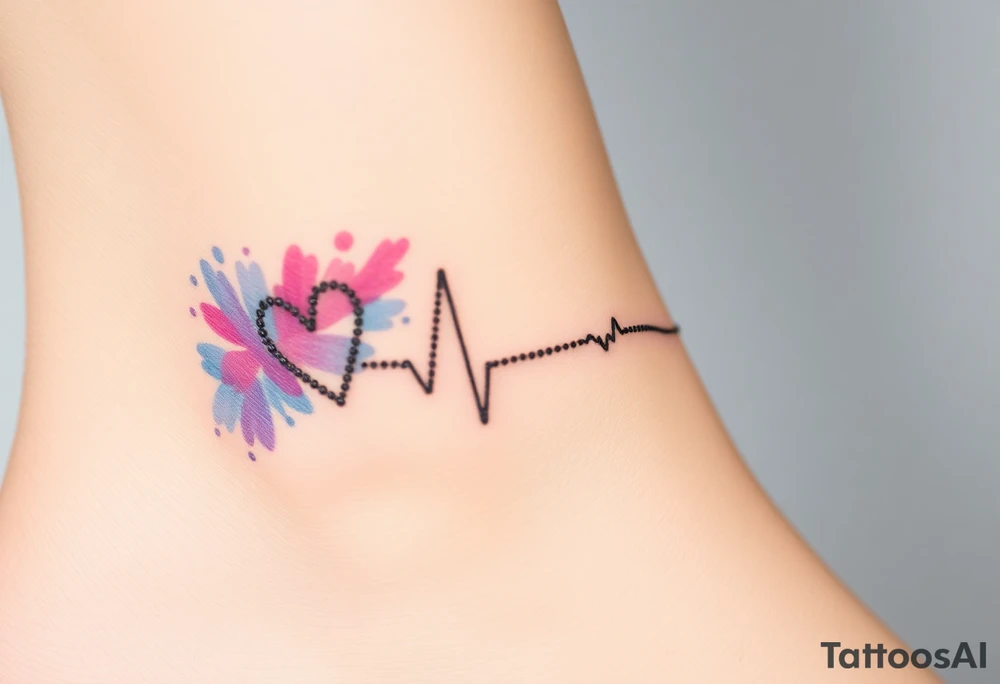 A fragmented heartbeat line, breaking into tiny dots and fading into a burst of watercolor hues, from soft blues to purple and pink. tattoo idea