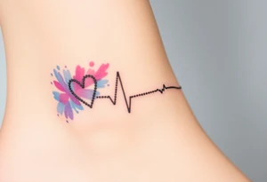 A fragmented heartbeat line, breaking into tiny dots and fading into a burst of watercolor hues, from soft blues to purple and pink. tattoo idea