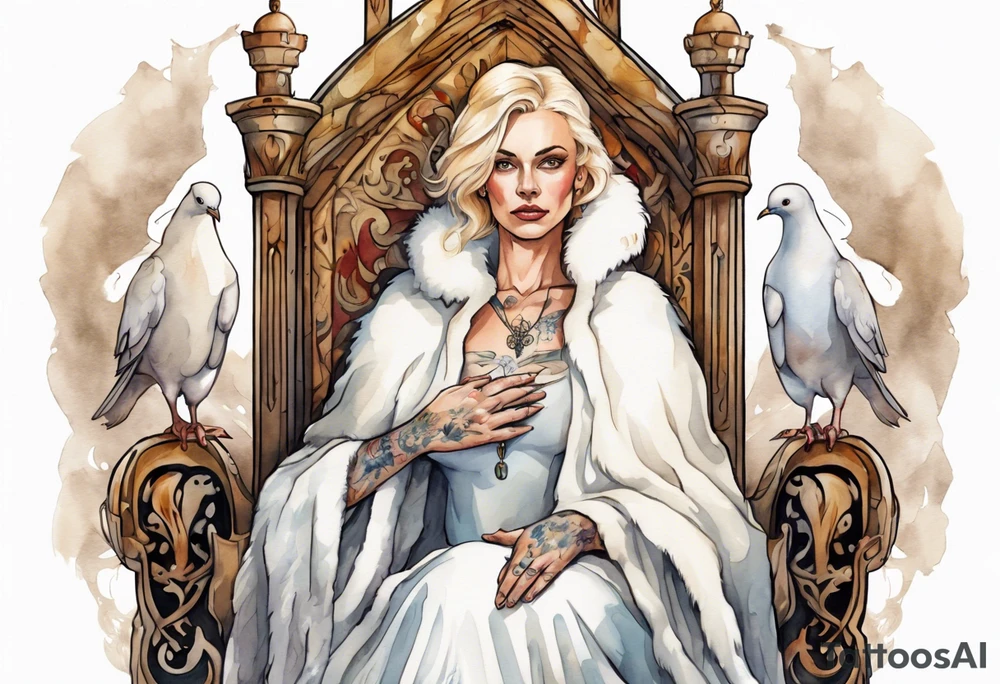 a 40-year-old medieval woman with blonde hair wearing a white fur cloak sitting on a throne with a dove on her shoulder tattoo idea