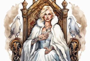 a 40-year-old medieval woman with blonde hair wearing a white fur cloak sitting on a throne with a dove on her shoulder tattoo idea