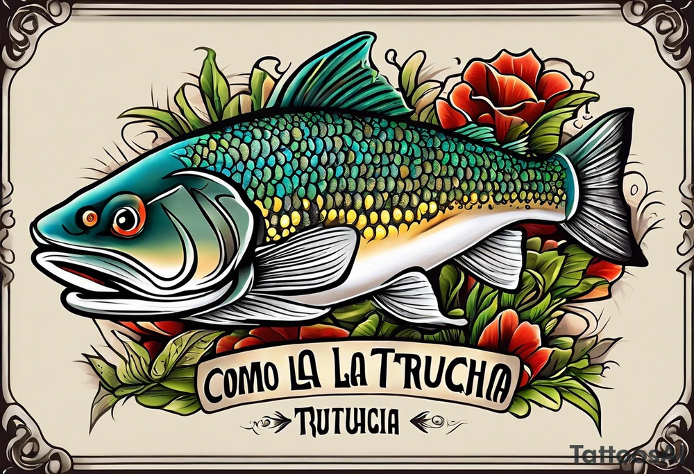 A small tattoo with a shaded trout and text that says, 'Como la trucha...' drawn with fine lines." tattoo idea