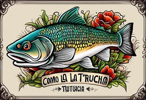 A small tattoo with a shaded trout and text that says, 'Como la trucha...' drawn with fine lines." tattoo idea