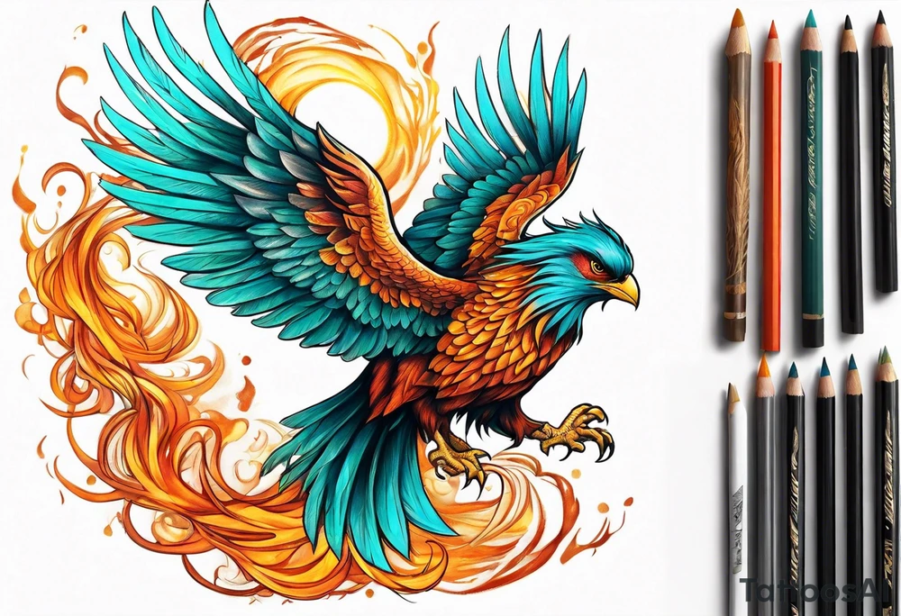 Proud Strong phoenix with turquoise ends of flames of wings tattoo idea