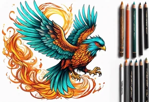 Proud Strong phoenix with turquoise ends of flames of wings tattoo idea