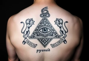 Pyramid with eye in the center, diamond with snake on the top,lions on corners,surrounded by words - novus ordum seclorum tattoo idea