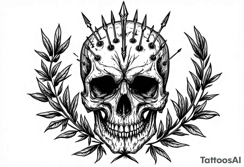 a skull whose head would be pierced by needles under the head come down an  arrow and surrounded around by a olive tree leaf tattoo idea