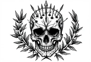 a skull whose head would be pierced by needles under the head come down an  arrow and surrounded around by a olive tree leaf tattoo idea