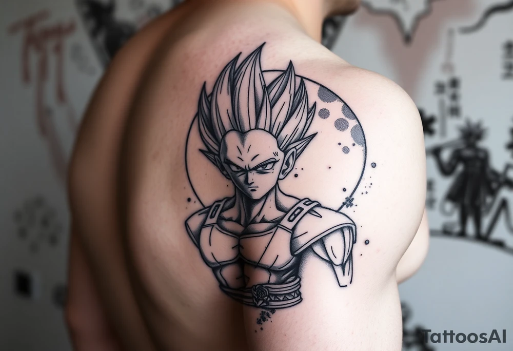 Majin vegeta with moon and oozaru background on right arm sleeve tattoo idea