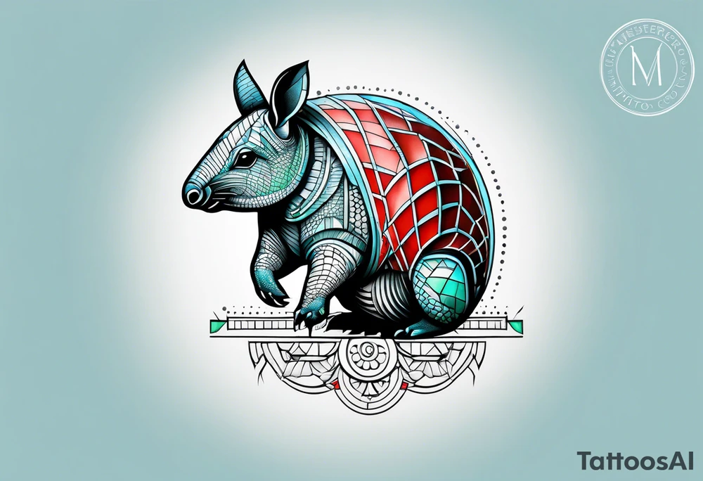 geometric style tattoo on knee with baby blue, red, and green accents. armadillo tattoo idea