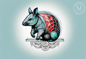 geometric style tattoo on knee with baby blue, red, and green accents. armadillo tattoo idea