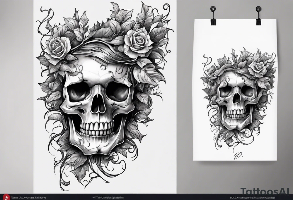 skull with vines growing out of its head tattoo idea