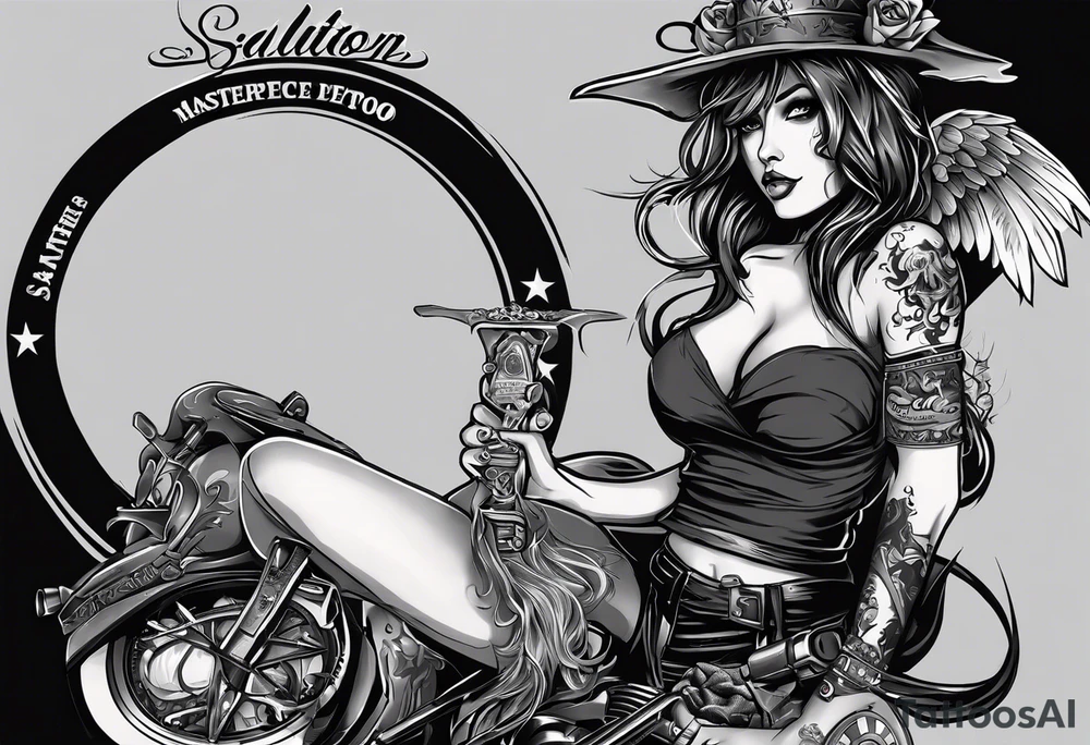 My tattoo idea is a female well endowed angle holding two items in her hand which is a glock in the right an a joint she smoking in the left behind her is gremlins with blades an sickles surrounding her an under all of that the word salvation is earned with blooding dripping from the words tattoo idea