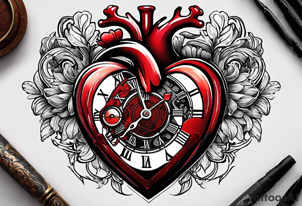 anatomical heart with clock in middle.
Clock hands on 8 and 5.
Never Say Never written on tattoo tattoo idea