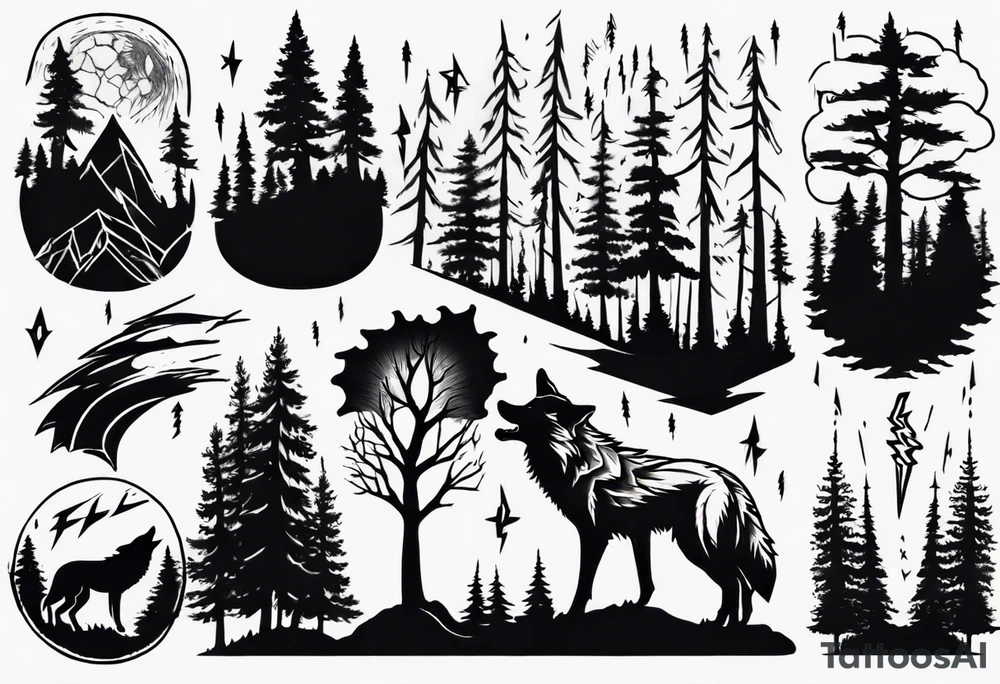 lightning over forest with wolf howling tattoo idea