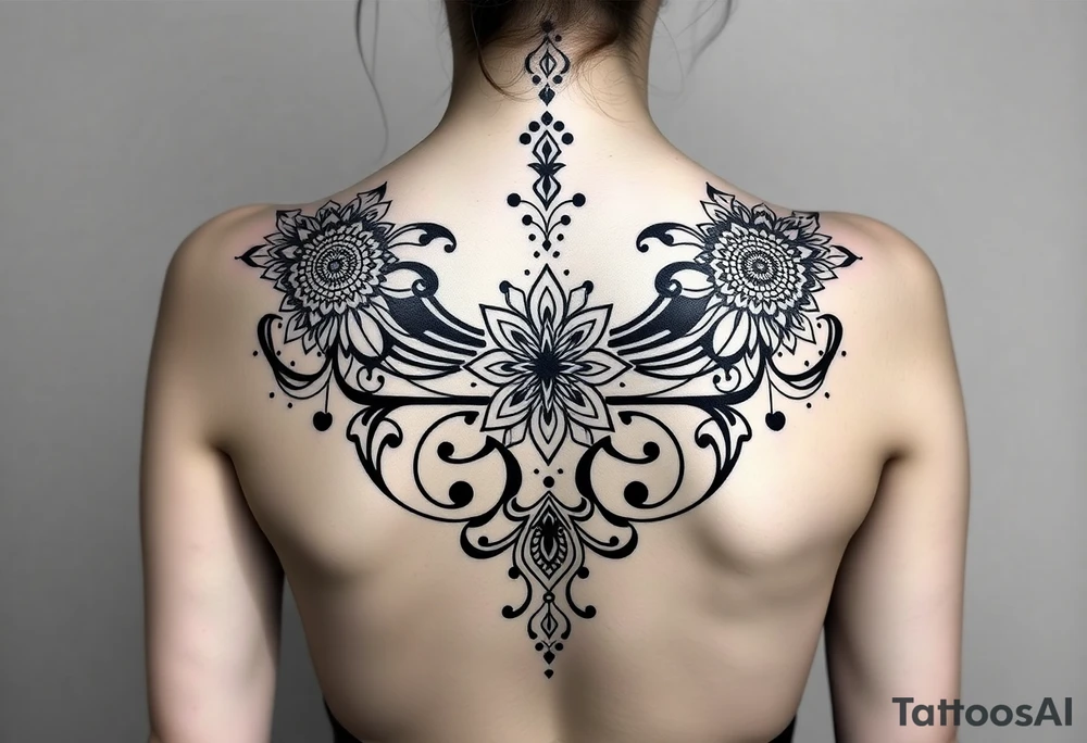 spine tattoo design with symmetrical ornamental patterns, combining dotwork, mandala elements, and flowing lines that follow the natural curves of the body with tribal-inspired lower back tattoo with sweeping symmetrical curves, bold linework, and soft floral accents, creating a feminine yet powerful aesthetic. The design is intricate and balanced. tattoo idea