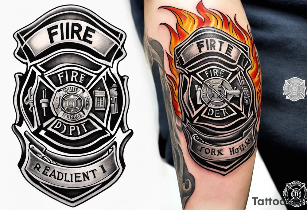 A fire department related forearm tattoo that includes a fire hose and a halligan bar tattoo idea