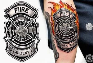 A fire department related forearm tattoo that includes a fire hose and a halligan bar tattoo idea