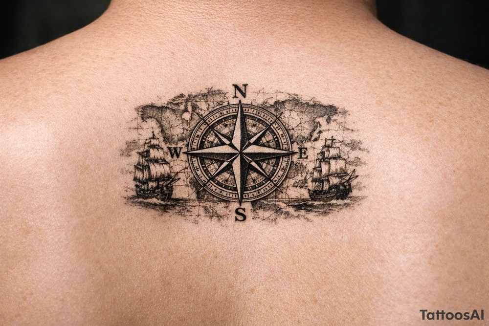 antique compass rose overlaid on weathered world map with sailing ships tattoo idea