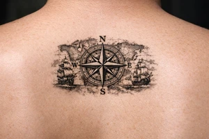 antique compass rose overlaid on weathered world map with sailing ships tattoo idea