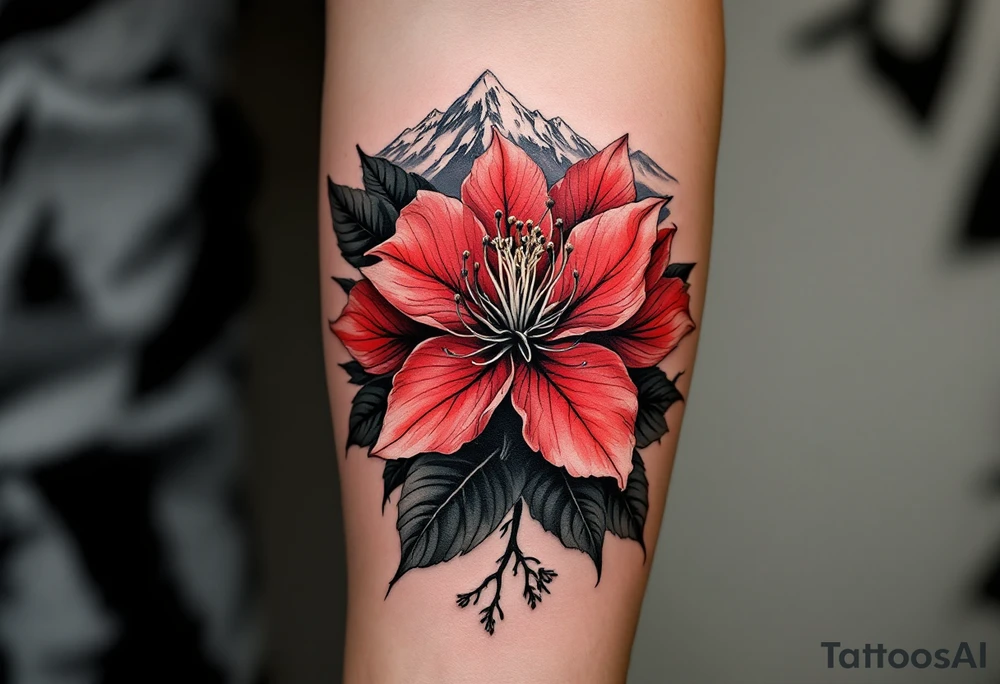 red  and black rhododendron trippy with Himalayas behind tattoo idea
