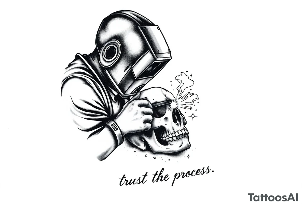 Create a tattoo, in black and white, of a welder, wearing a welder's helmet, from only the arms up, welding on a skull Include sparks, and subtle smoke throughout as well as the quote, trust the process, at the bottom where the arm meets the wrist. This needs to be sized for a forearm, tattoo idea